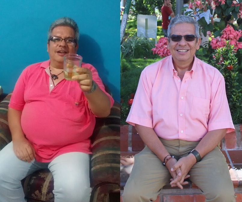 Foto de antes y después del cambio físico y control metabólico de José, paciente atendido por la nutricionista Dra. Joyce Almeyda