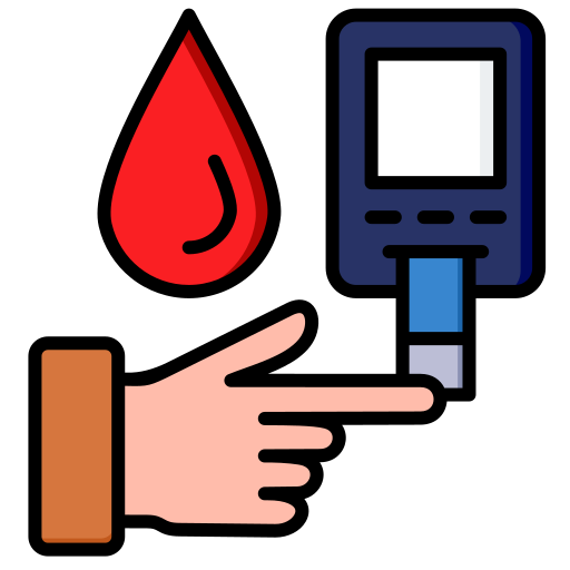 Ilustración de glucómetro con gota de sangre en el dedo para el control de diabetes y resistencia a la insulina
